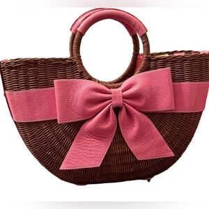 Isabella Fiore Wicker Basket Leather Pink Bow Handbag - EUC